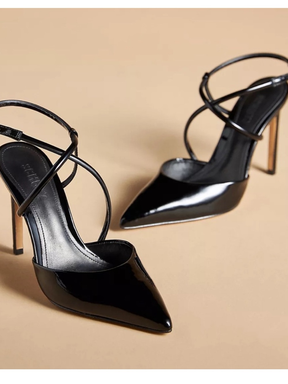 SCHUTZ Black Patent Pointed Toe Crisscross Ankle Strap Stilettos